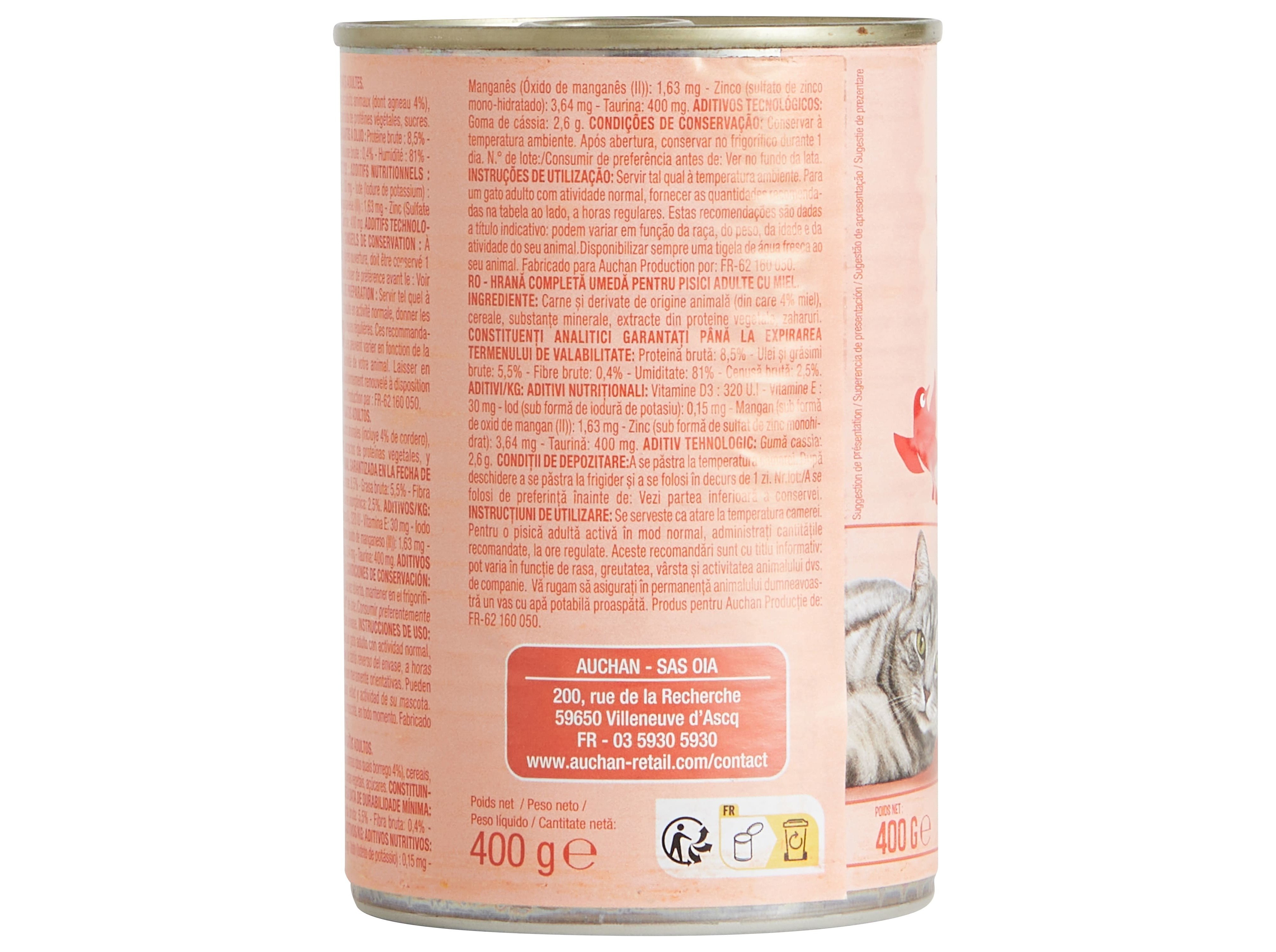 COMIDA HÚMIDA PARA GATO AUCHAN TERRINA BORREGO 400G