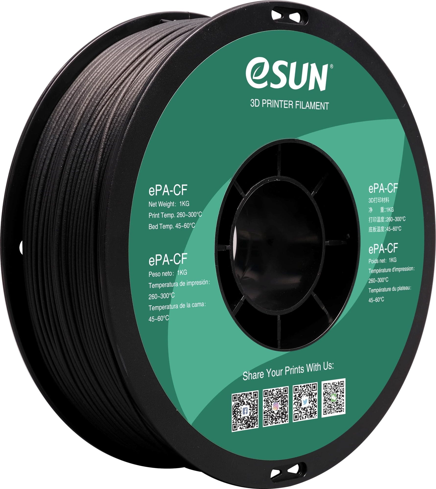 eSUN  PA-CF Black, 1,75 mm / 1000 g    Selbstschmierendes Nylon-Filament mit 20 % Kohlefasern