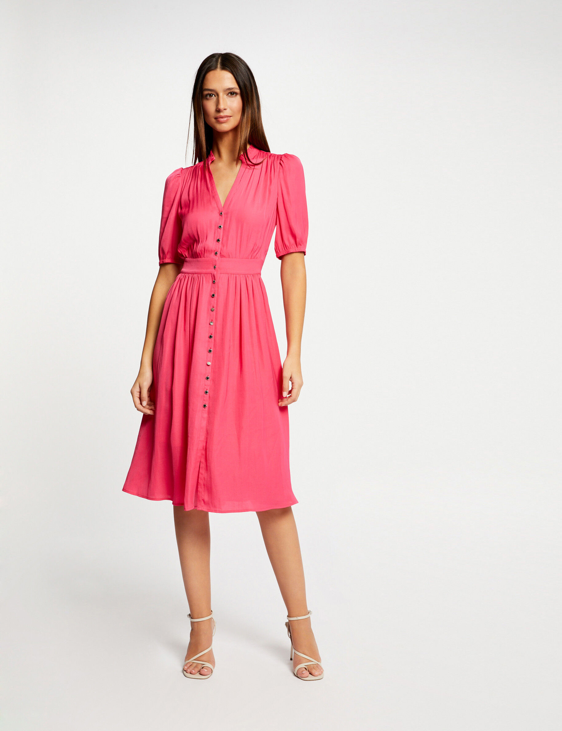 Robe manches 3/4 boutonnée à l\'avant rose moyen femme - rose_moyen