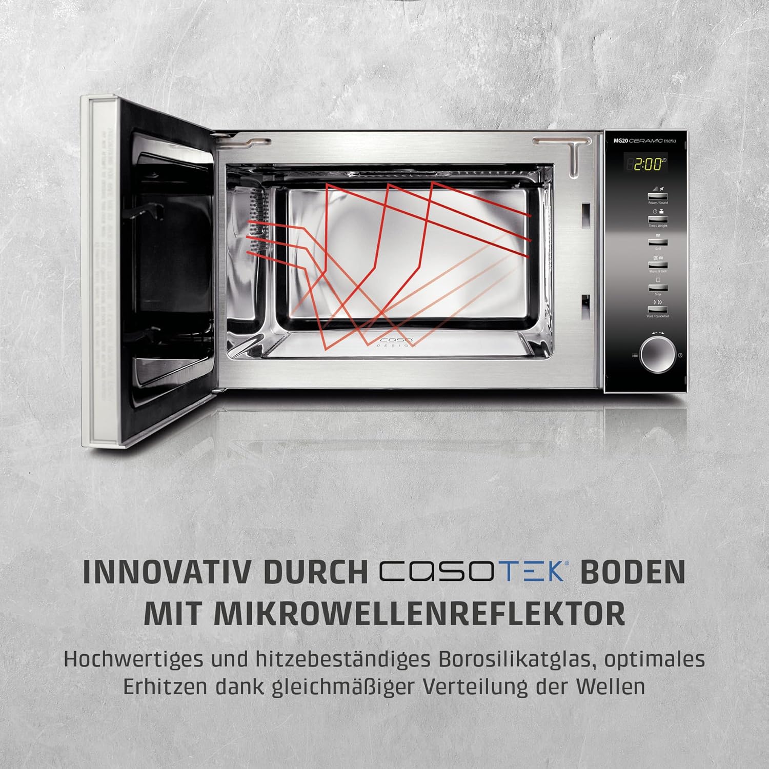 CASO | MG20 Ceramic menu 2-in-1 Mikrowelle mit Grill | Keramikboden und Grill-Rost für 2 Ebenen, 800 W, 1000 W Grill, 20 L, Edelstahl, verspiegelt