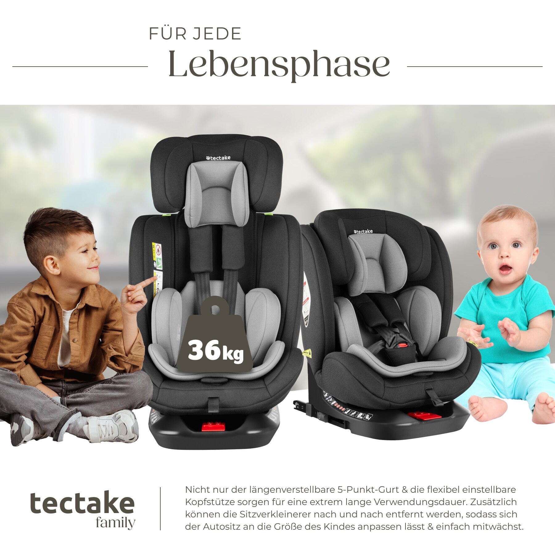 tectake® Drehbarer Autositz, i-Size Zulassung, ISOFIX-Installation und Top Tether, mit Seitenaufprallschutz, längenverstellbarer 5-Punkt-Gurt, höhenverstellbare Kopfstütze, ab Geburt bis 150 cm, Belastbarkeit 36 kg