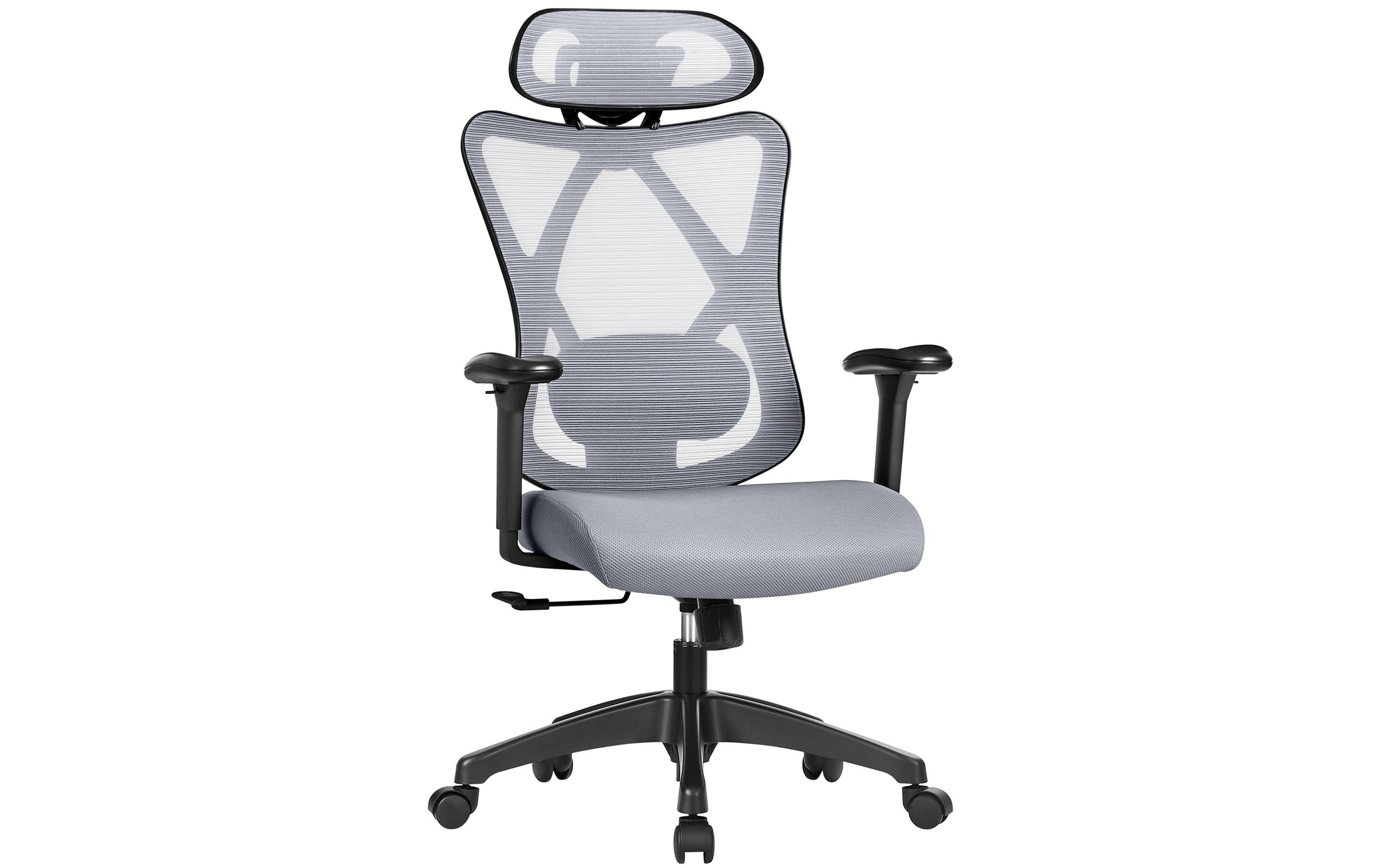Bürostuhl mit Netzrücken, Kopfstütze und Armlehnen, Grau<br>Ergonomischer Schreibtischstuhl
