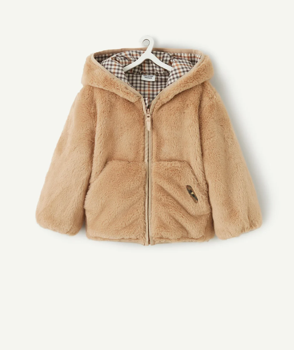 BLOUSON À CAPUCHE BÉBÉ FILLE IMITATION FOURRURE BEIGE