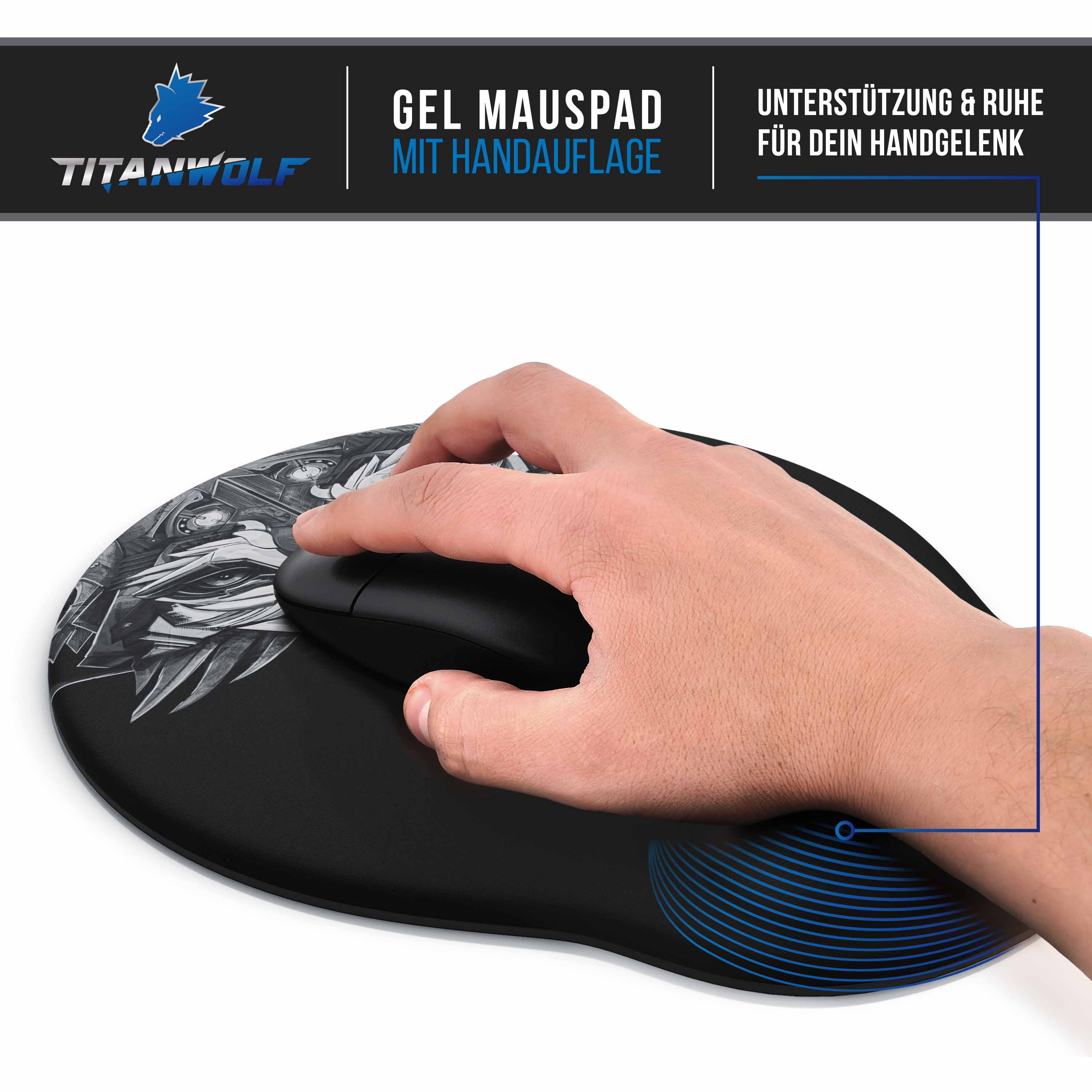 Titanwolf Gaming Mauspad mit Handgelenkauflage, Office Gel Mousepad mit Handgelenkpolster, schwarz
