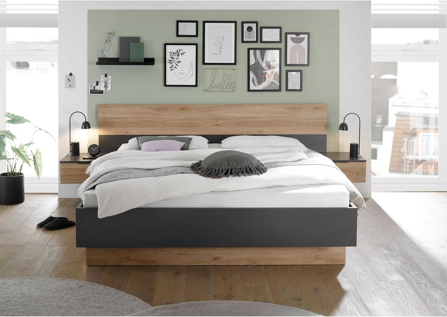 Stella Trading ASKA Stilvolle Doppelbett Bettanlage mit Nachtkommoden 180 x 200 cm - Schlafzimmer Komplett-Set in Graphit, Mauvella Eiche Optik - 285 x 95 x 205 cm (B/H/T)
