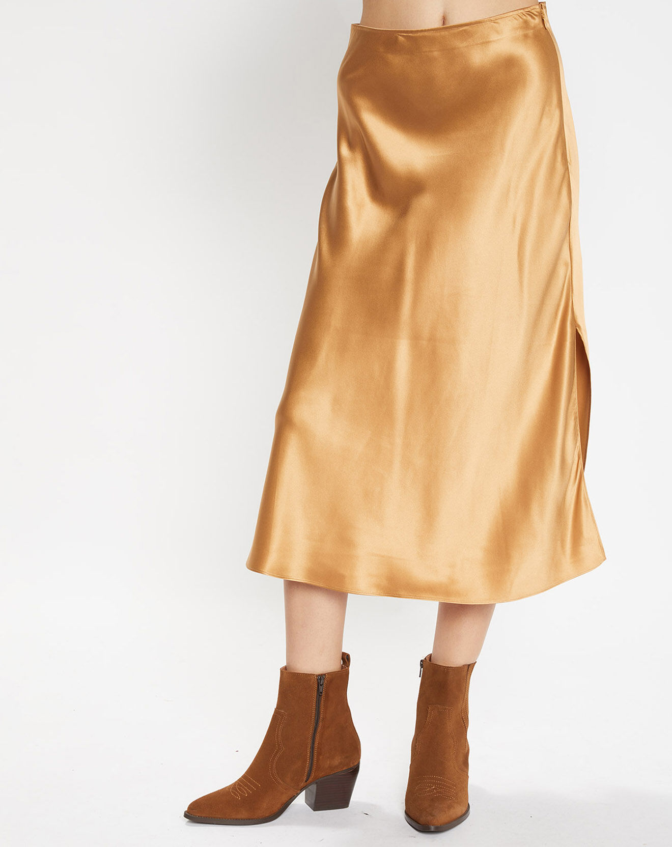 Galeries Lafayette Jupe mi-longue 100% Soie Delta beige doré