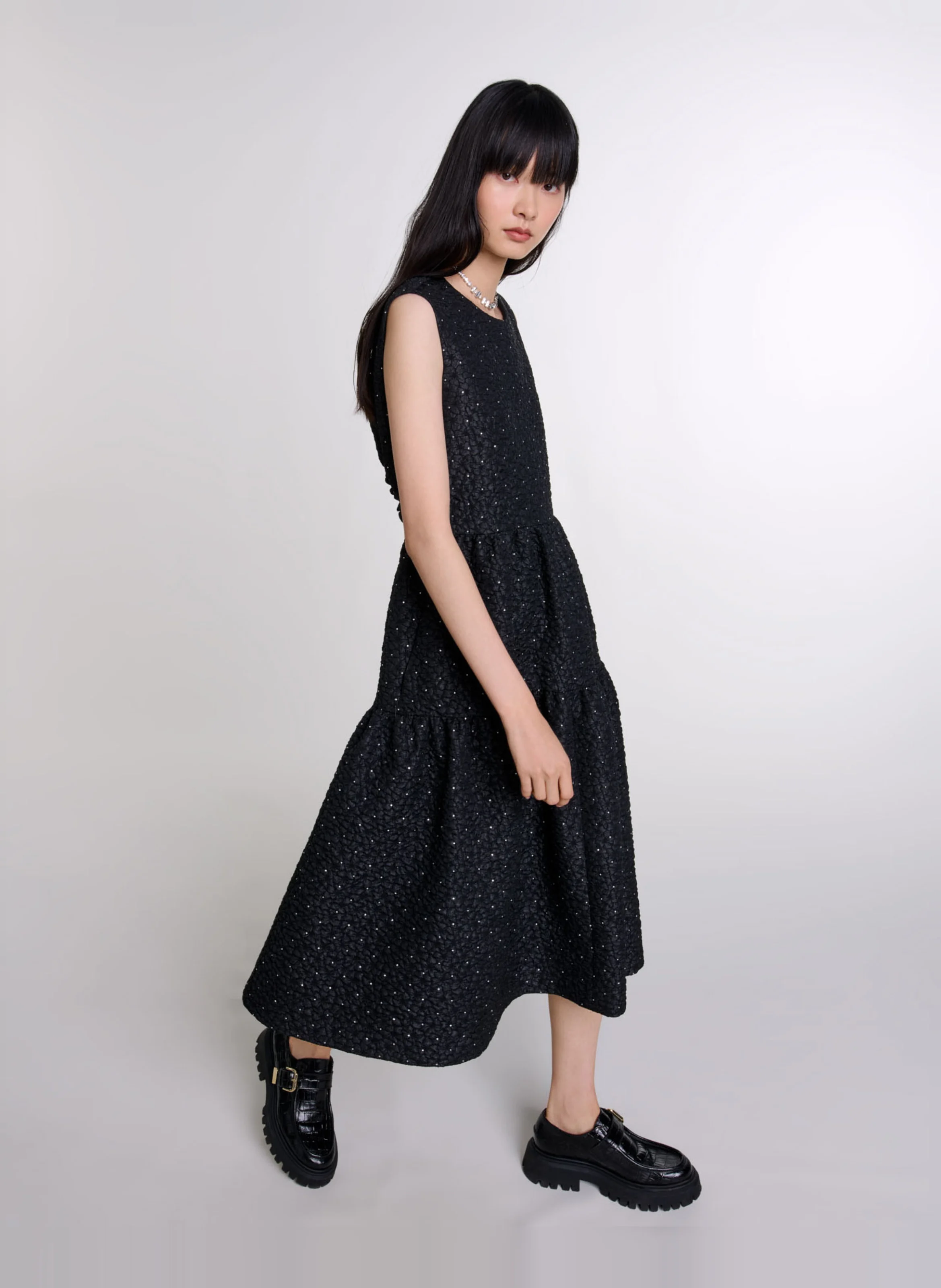 Robe longue col rond à strass | Noir