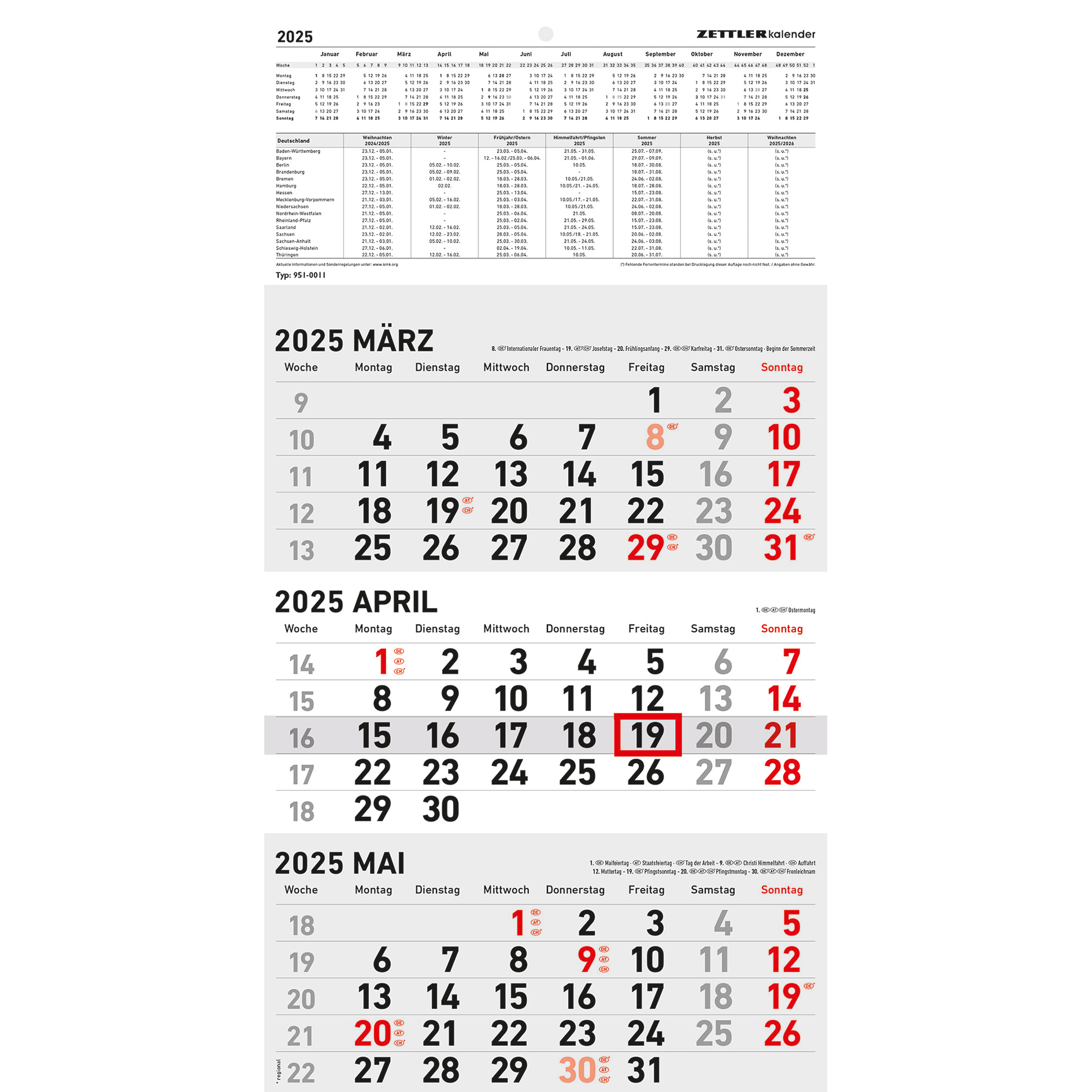 3-Monatskalender 2025 - schwarz-rot - 23,7x44,8 cm