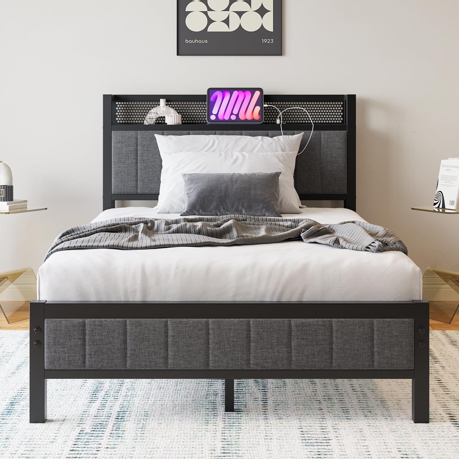 Bettrahmen mit Ladestation Doppelbett/Einzelbett Gästebett Metallbett Polsterbett 120x200 Bettgestell aus Metall,Jugendbett mit Lattenrost Kopfteil in Grau,für Schlafzimmer Gästezimmer