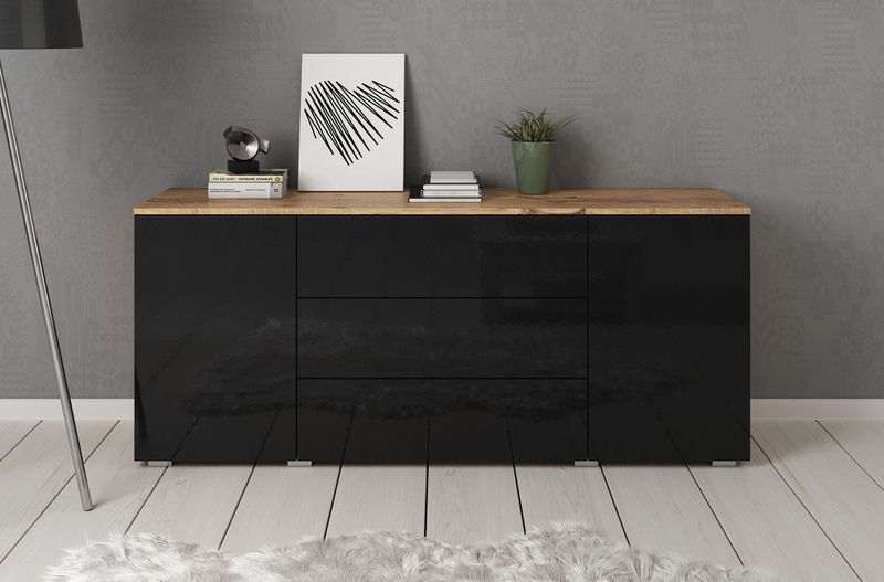 Meubella - Dressoir Pure - Zwart - Eiken - 2 Deuren - 3 Lades