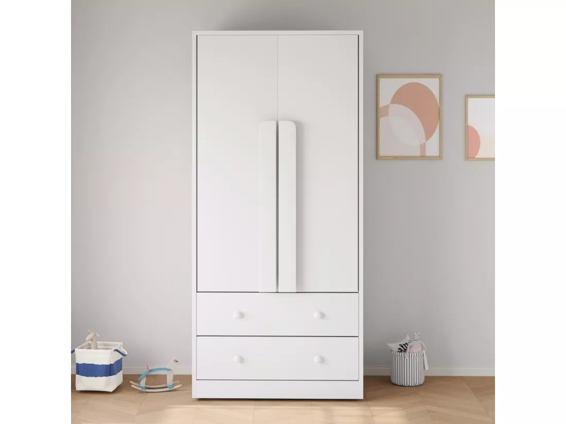 Armoire avec 2 portes et 2 tiroirs - 70 x 40 x 170 cm - Pin + contreplaqué + MDF - Blanc