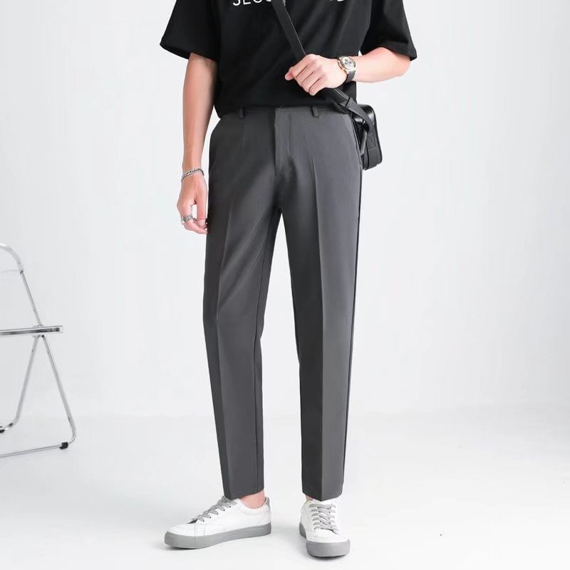Lingaris - Mid Rise Plain Cropped Straight Leg Dress Pants