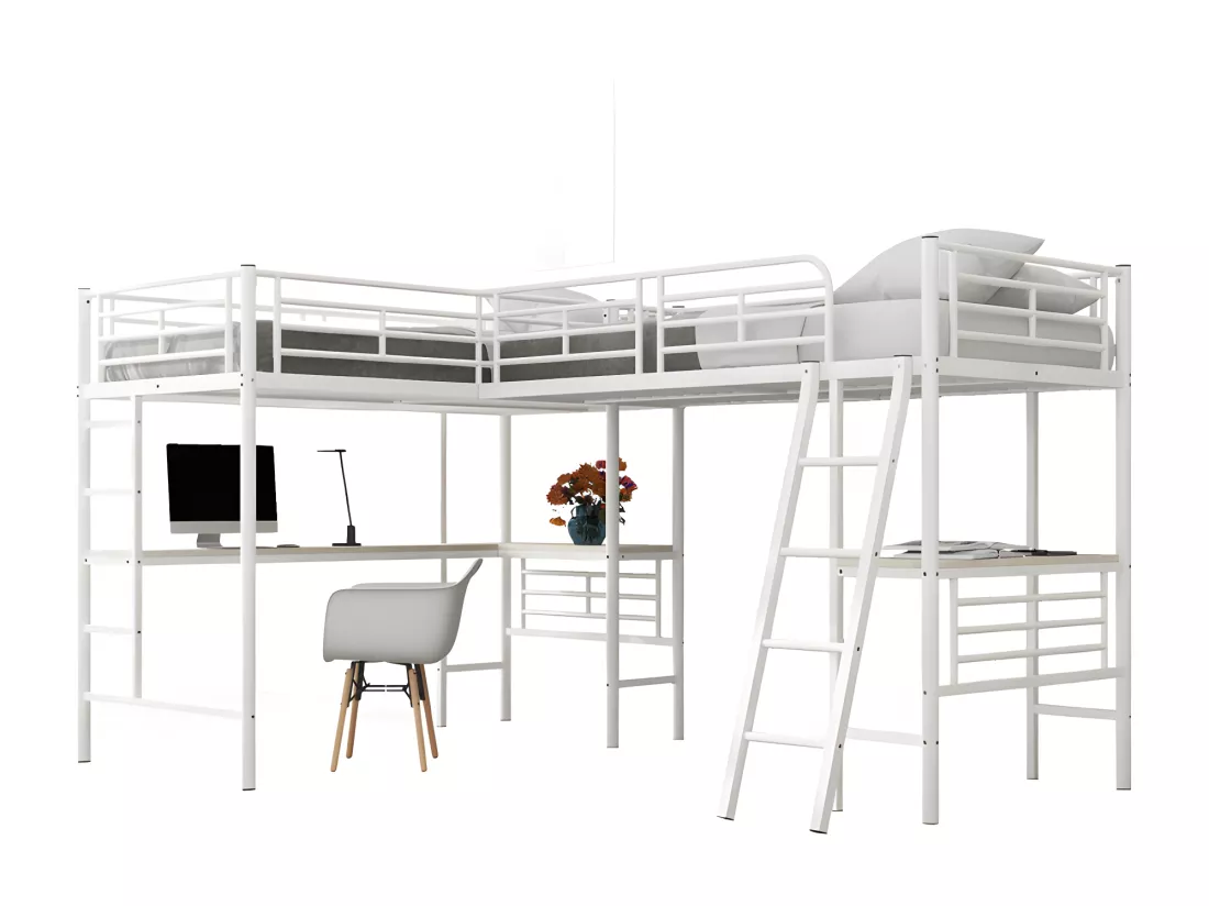 Lit mezzanine - 2 lits 90x200 cm - 2 bureaux sous le lit - Blanc