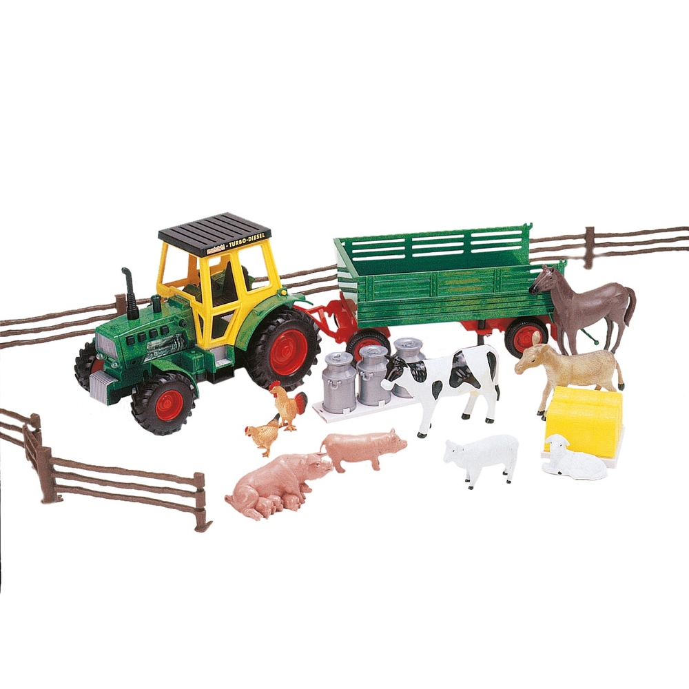Traktor mit Anhänger und Tieren