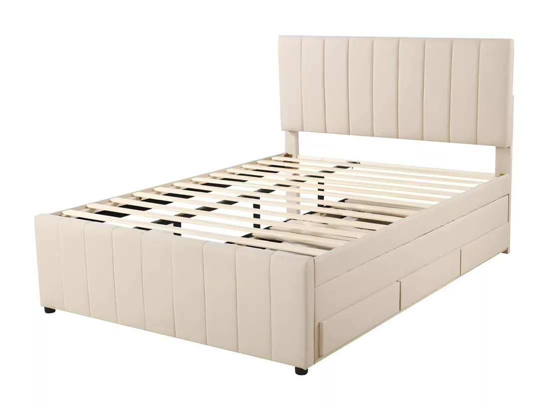Lit rembourré en lin 140x200cm - avec un lit gigogne à roulettes et 3 tiroirs - Beige