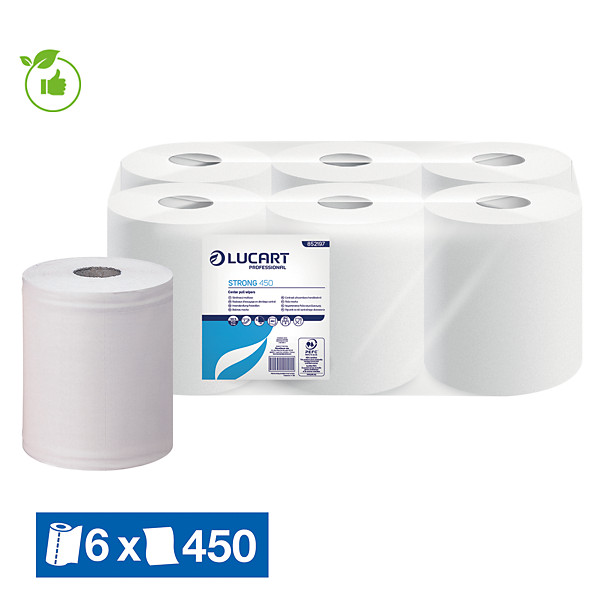 Bobines d'essuyage à dévidage central pure ouate blanche Lucart Strong, lot de 6