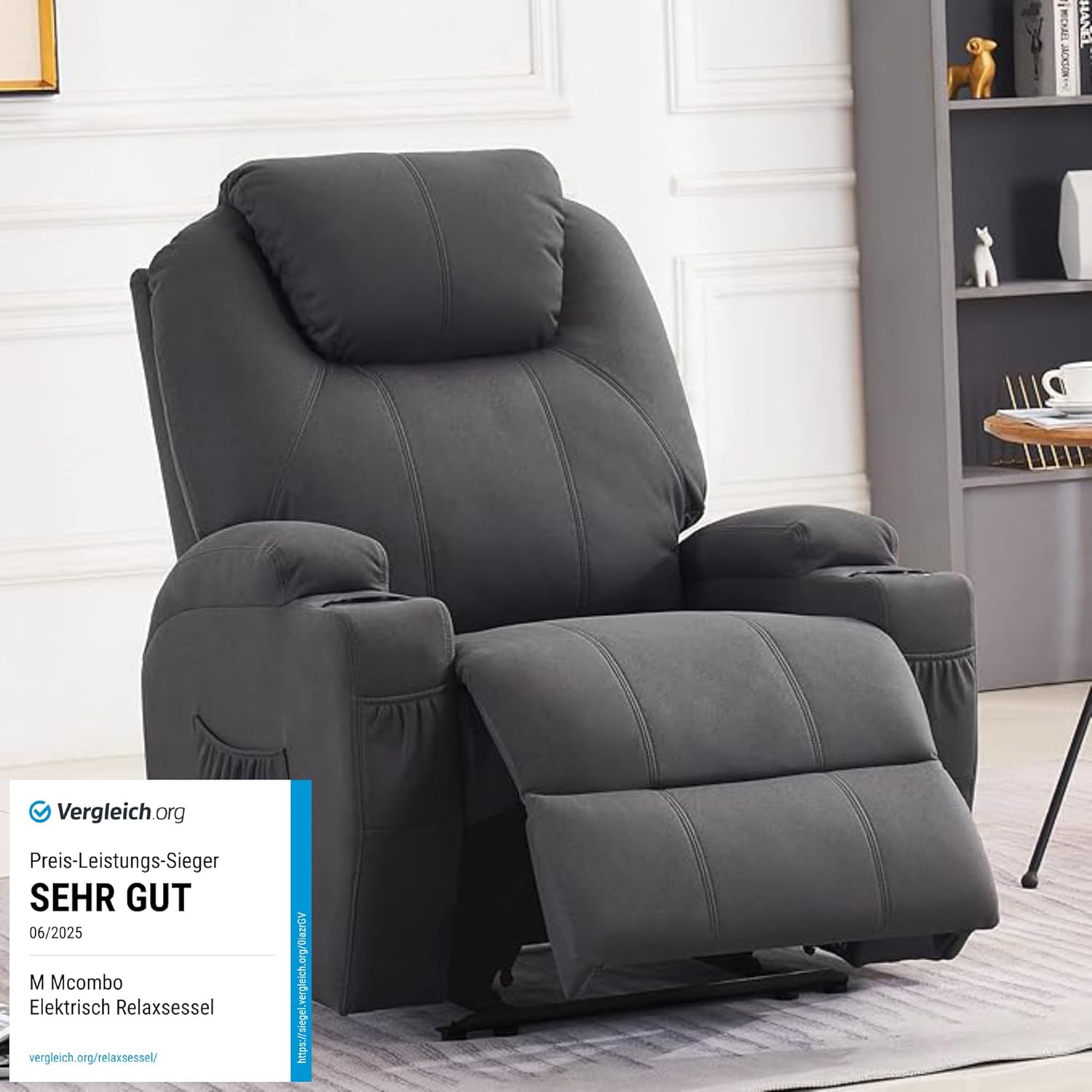 M MCombo Elektrisch Relaxsessel Massagesessel Fernsehsessel Liegefunktion Vibration Heizung 7061 neues Modell (Dunkelgrau -Mikrofaser)