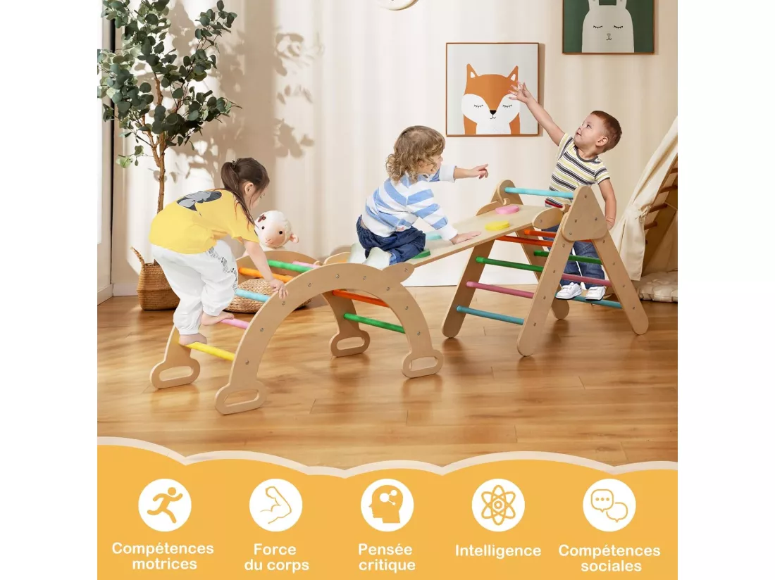 7 en 1 Triangle d'escalade, Montessori Enfants avec Rampe Réversible, Arc d'escalade ou Bascule en Bois de Hêtre, Charge Max 50KG pour Glisser ou Grimper pour Bébé de 1 an+, Multicolore
