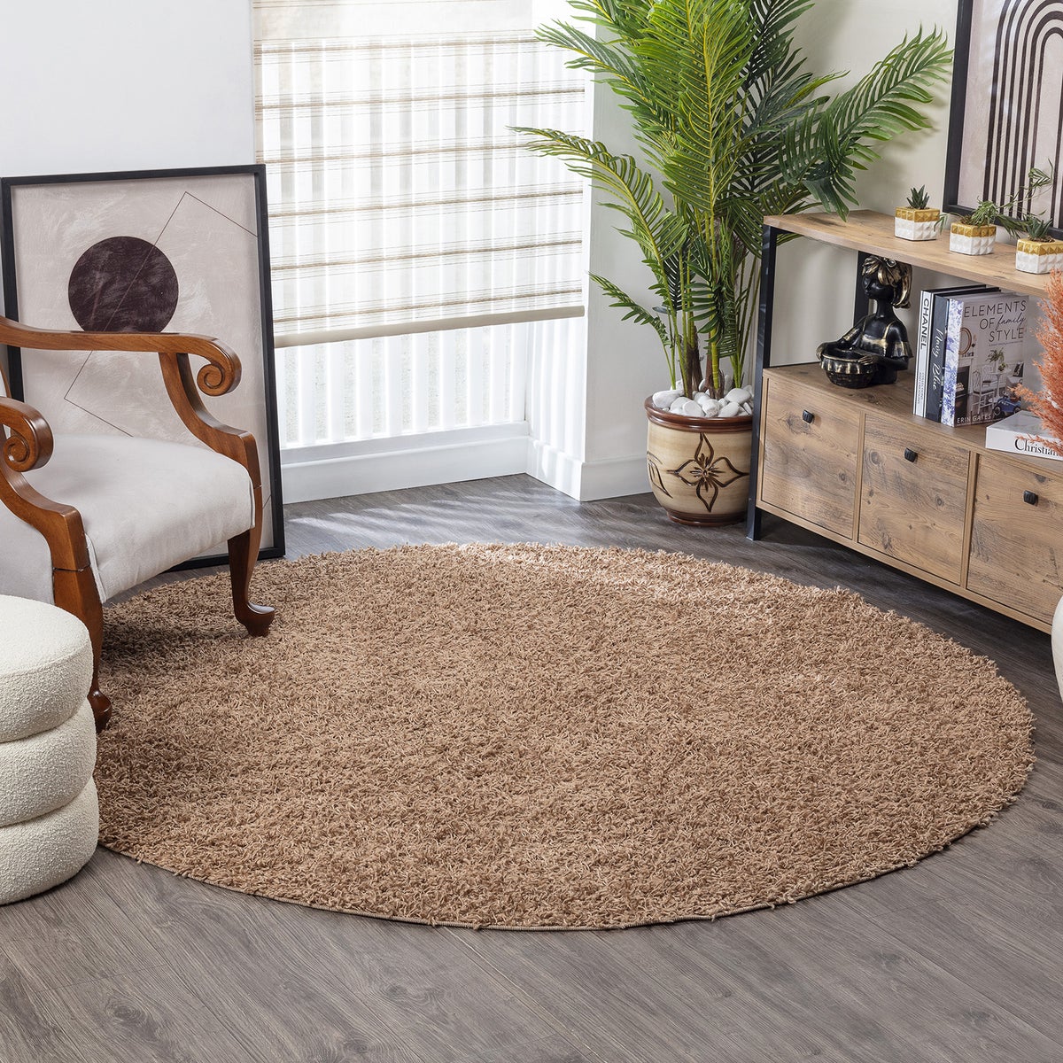 Modern hoogpolig rond shaggy vloerkleed, donkerbeige, Ø 200 cm, LILLY