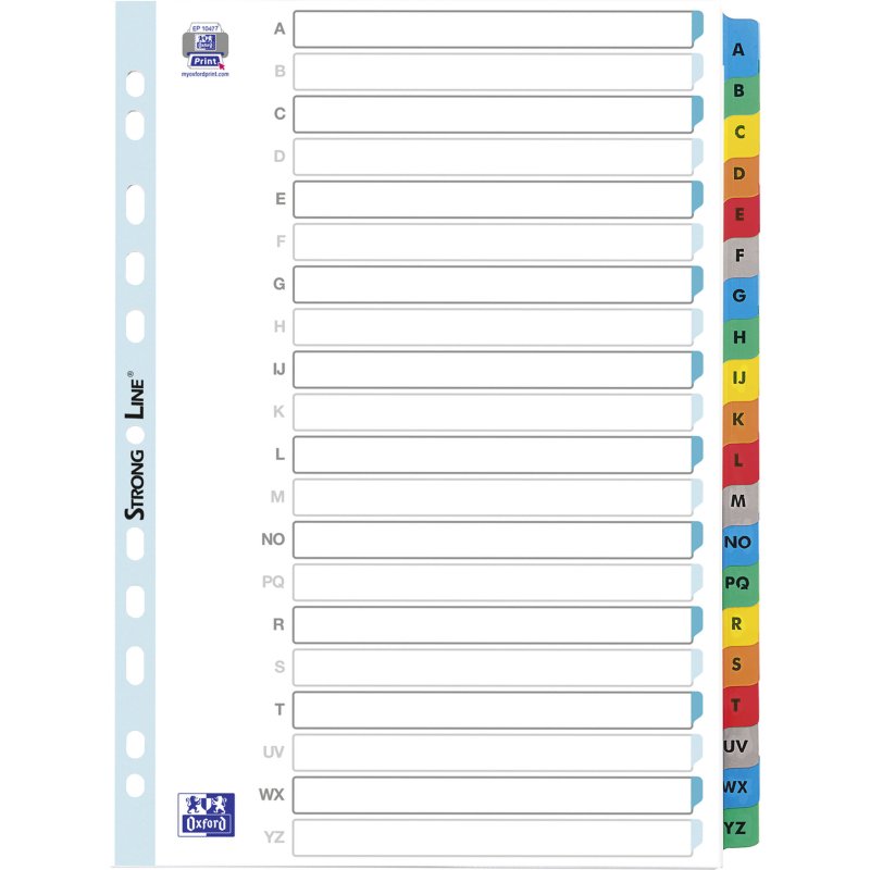 Intercalaire A4 carte bristol blanche OXFORD 20 onglets alphabétiques multicolores - 1 jeu