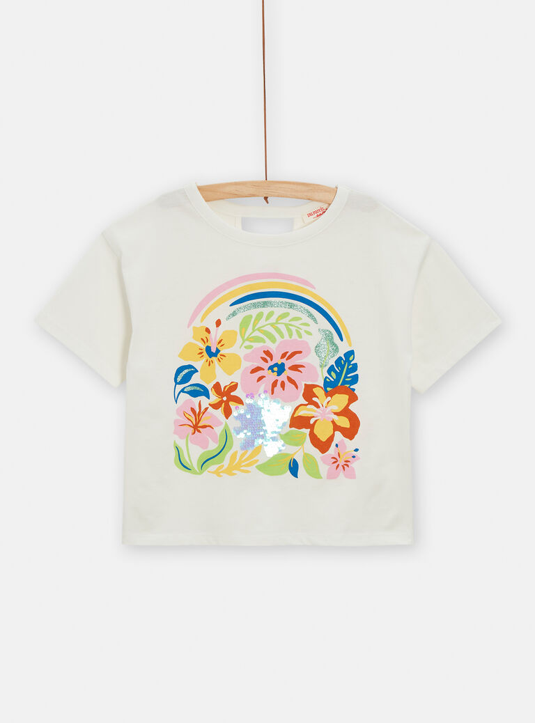 T-shirt écru animation fleur sequins magique pour fille