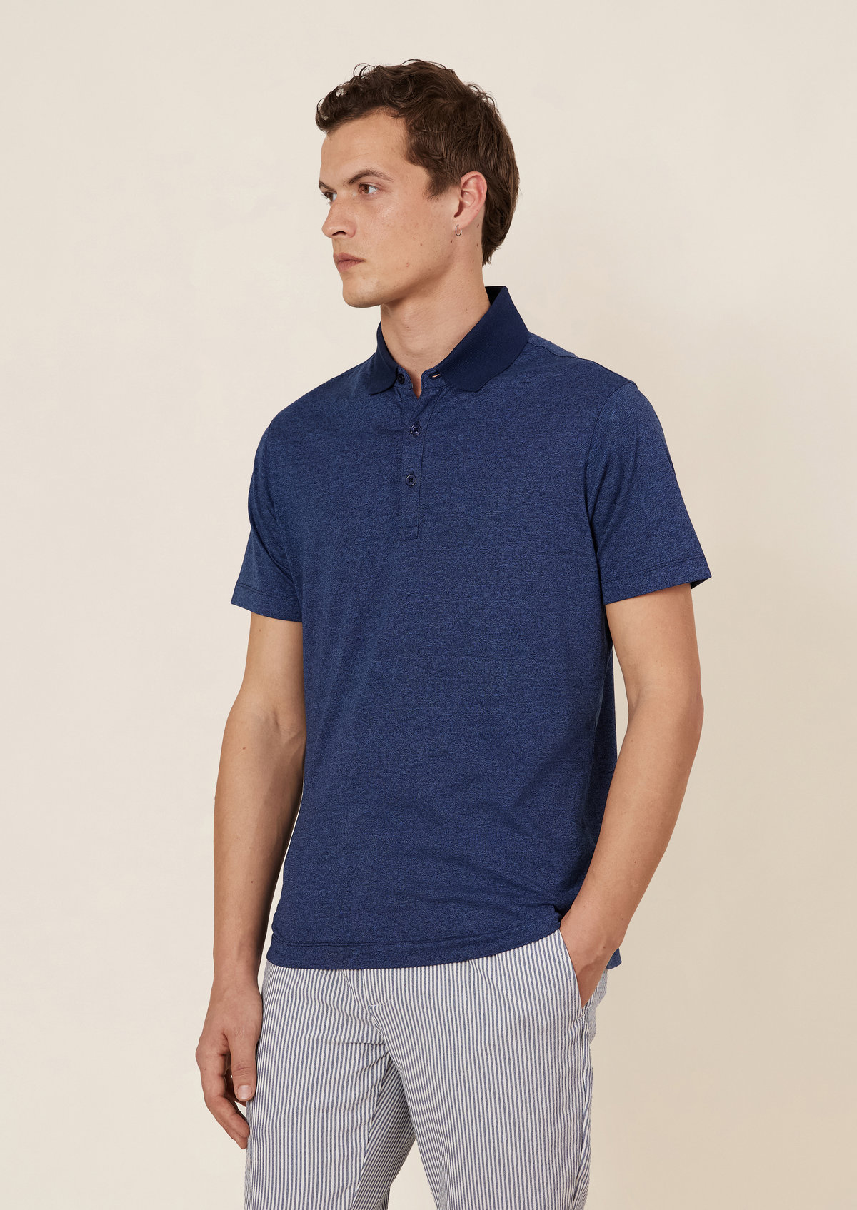 Polo manches courtes Slim en coton mélangé uni bleu marine