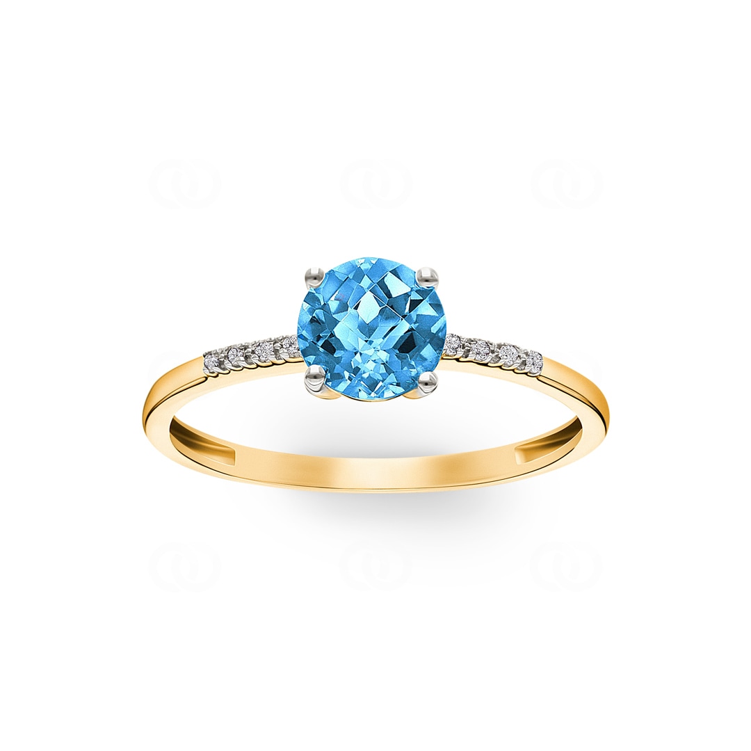 Damenring 750/18 K Gelbgold mit Blautopas rund und Diamanten 0.02 ct H/si