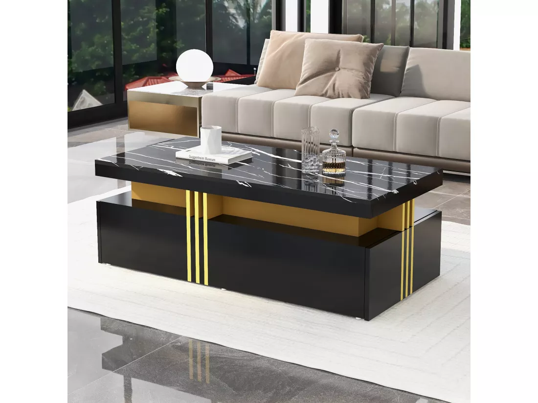 Table basse rectangulaire effet marbre noir brillant avec 2 tiroirs 100*50*40 cm GEVREITS BLACK