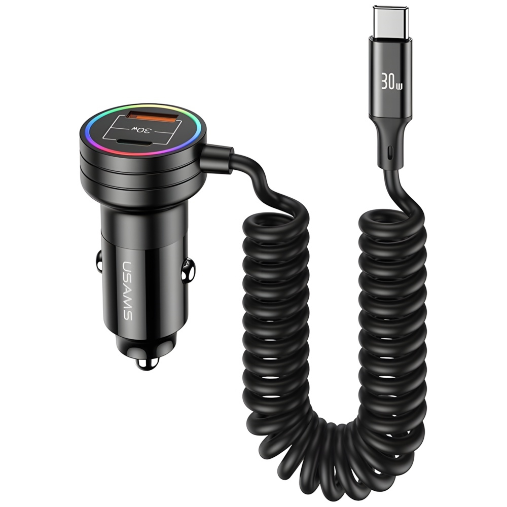 (60W) USB C / USB A Auto KFZ Ladegerät Car Charger für Zigarettenanzünder mit USB C Spiral Ladekabel (USA001245) - Schwarz