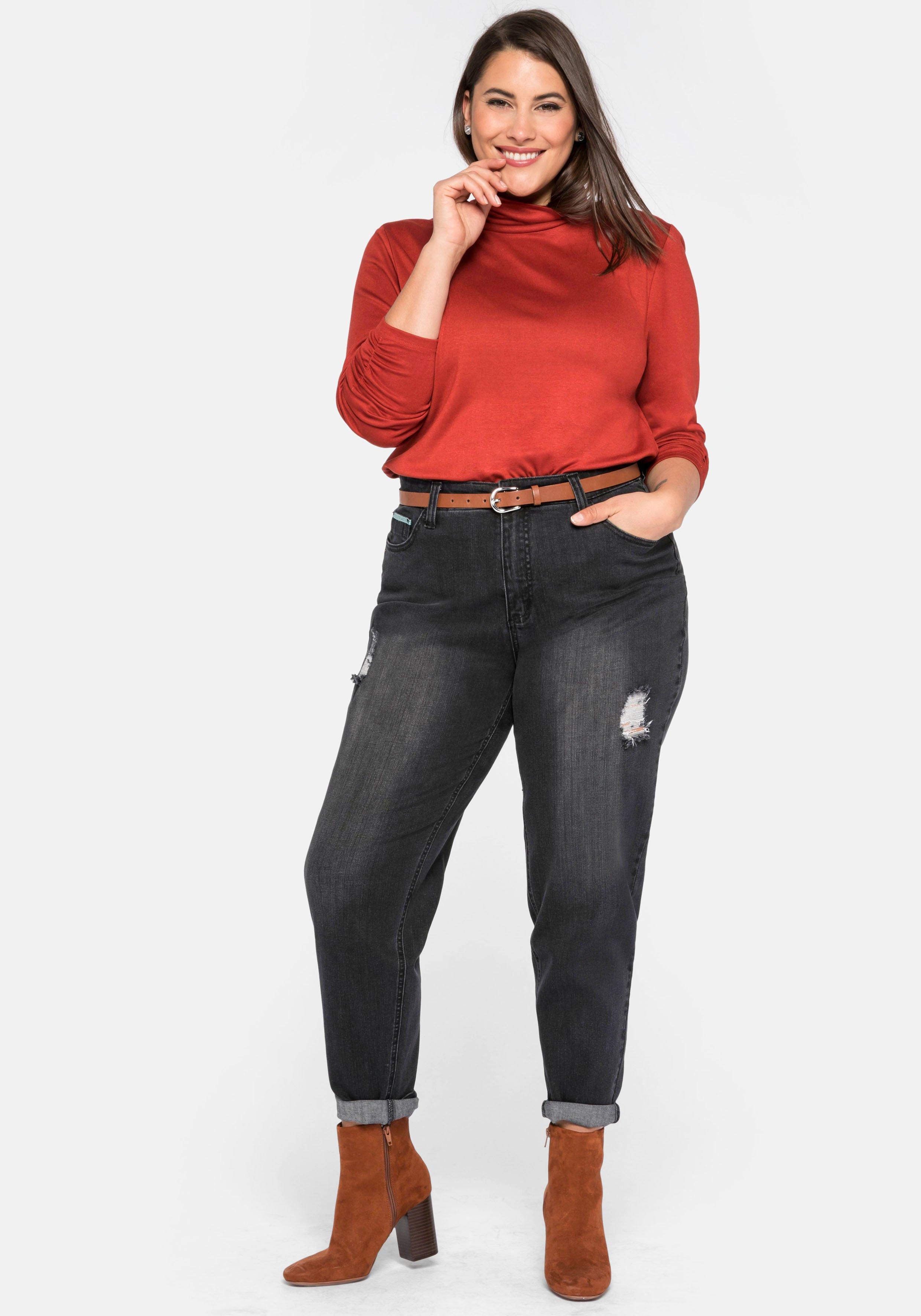 Mom-Jeans mit Destroyed-Effekten und Formbund