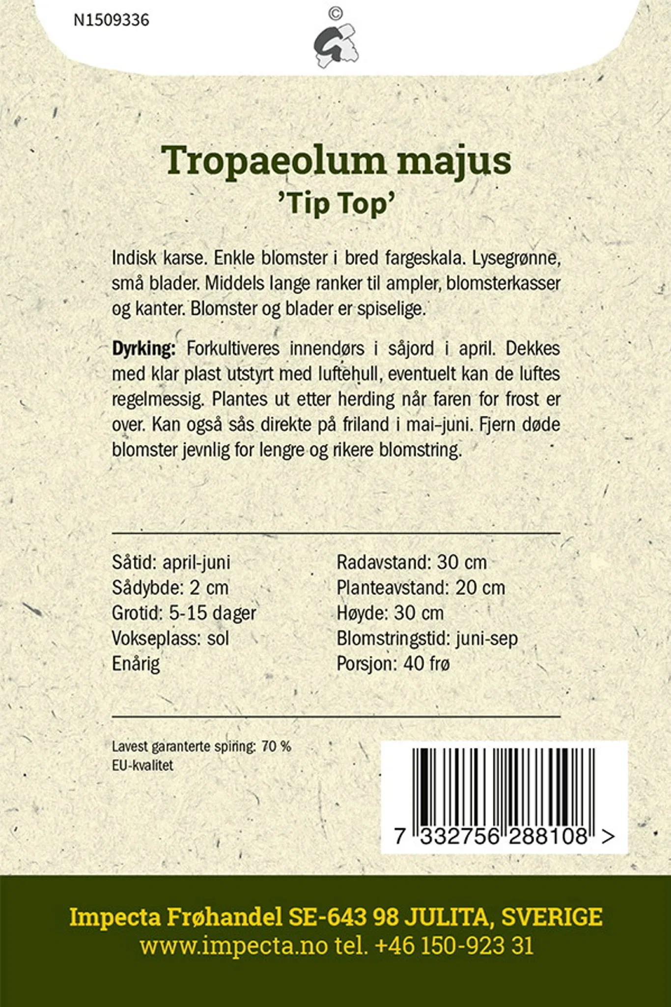 Tropaeolum majus 'Tip Top' Vanlig blomkarse 'Tip Top'