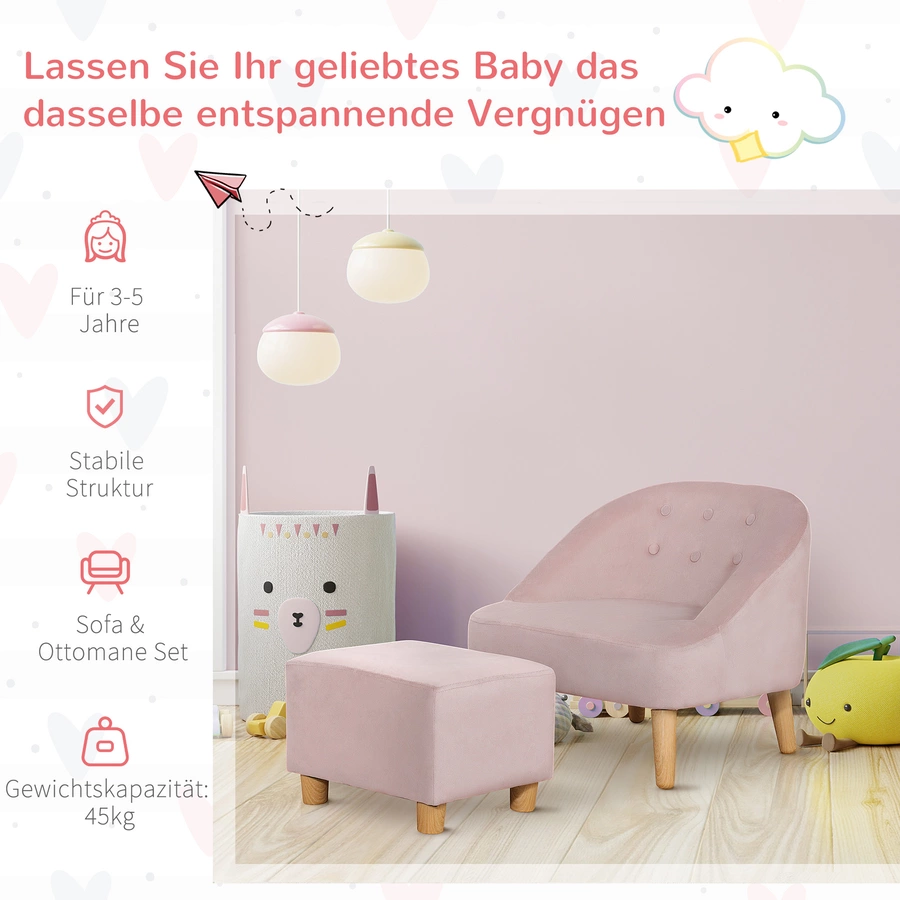 HOMCOM Kindersofa-Set mit Fußhocker rosa