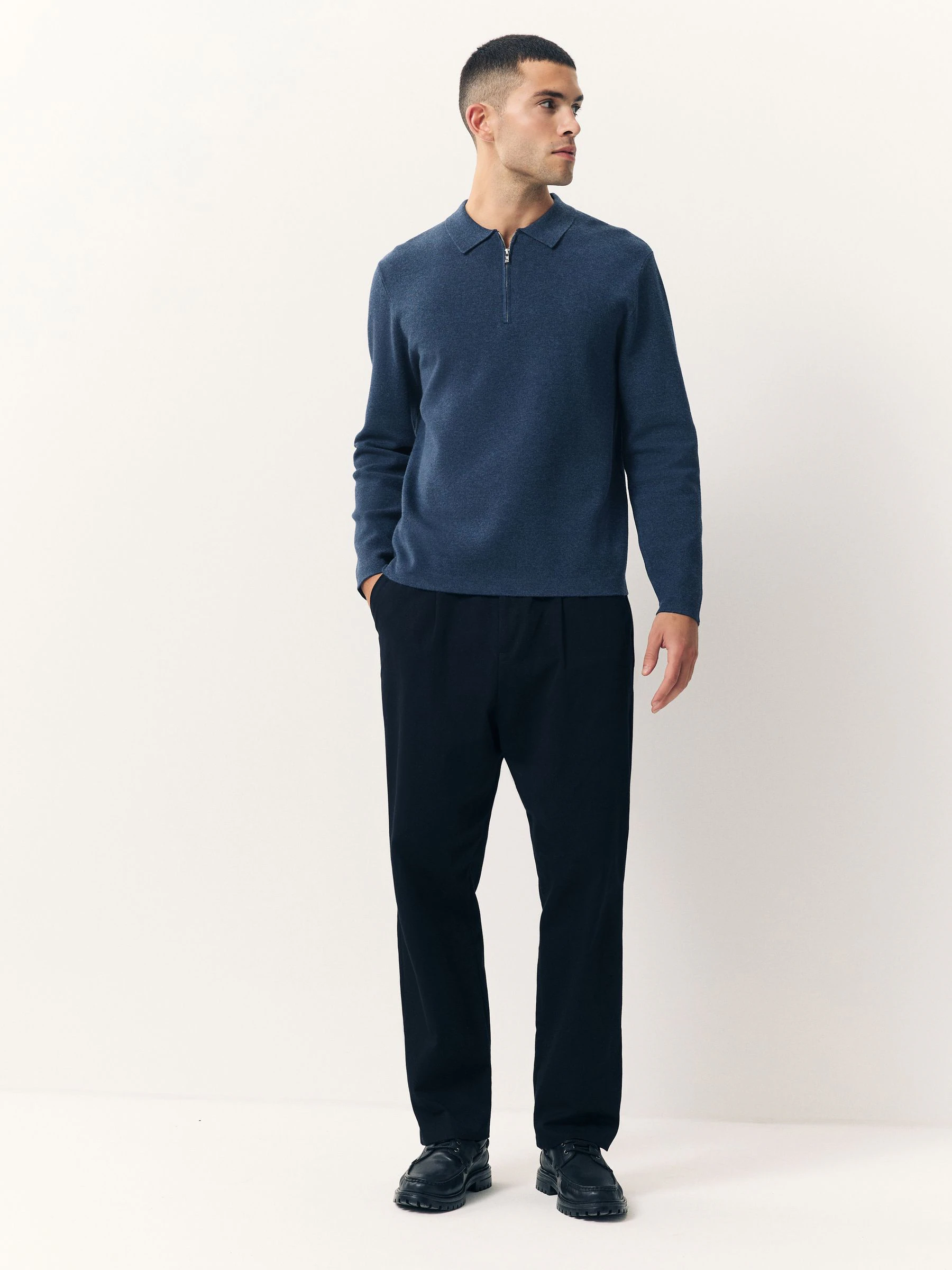 Blauw - Half met rits - Regular Fit Premium Mid Weight Long Sleeve Knit Polo Shirt