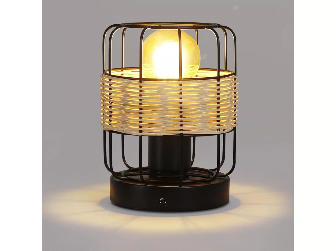 NETTLIFE lampe de table vintage: petite lampe de table boho lampe salon noir en rotin métal E27 scandinave lampe de bureau déco campagne- sans ampoule
