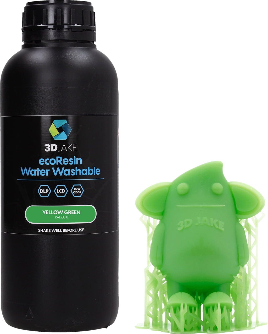 3DJAKE  ecoResin Water Washable Gelbgrün, 1.000 g    Hochwertiges, wasserwaschbares Resin für effizienten 3D-Druck in Gelbgrün
