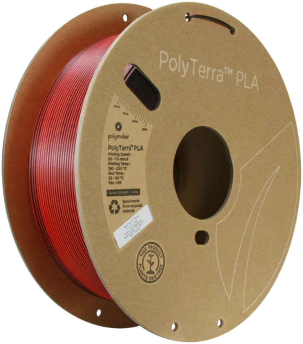 Polymaker  PolyTerra PLA Dual Shadow Red Black-Red, 1,75 mm / 1000 g    Umweltfreundliches, zweifarbiges PLA-Filament mit mattem Finish