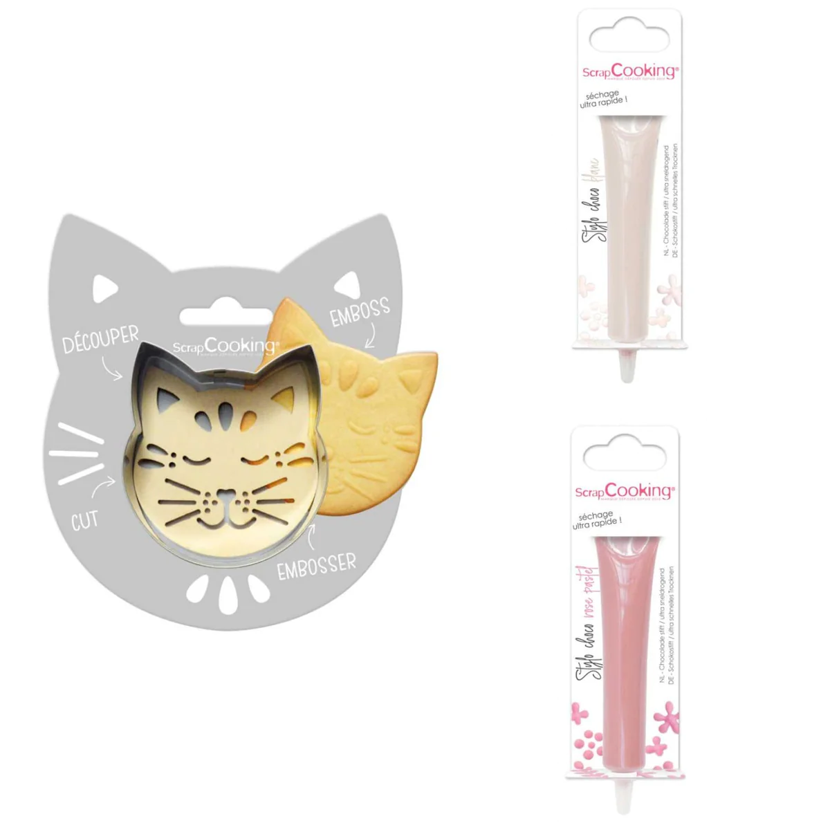 Kit pour biscuit en relief Chat + 2 Stylos au chocolat blanc et rose p