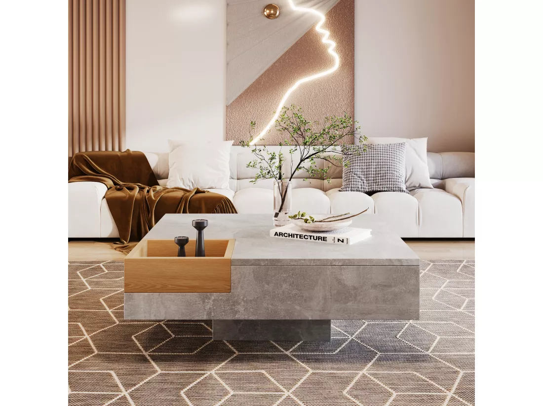 Table basse carré moderne effet béton gris et une boit de rangement bois nature 72*72*30 CROKS