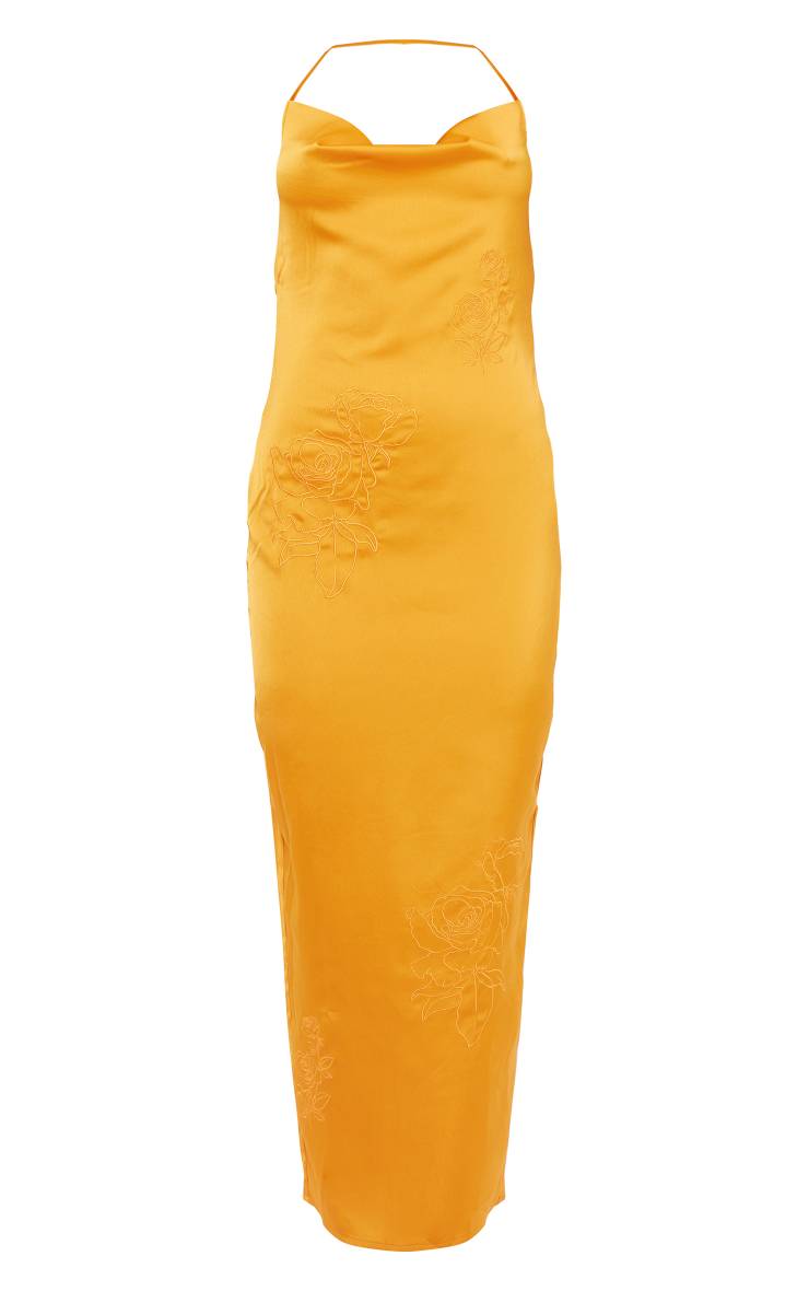 Tangerine Robe Longue Satinée À Broderie Florale Et Col Bénitier