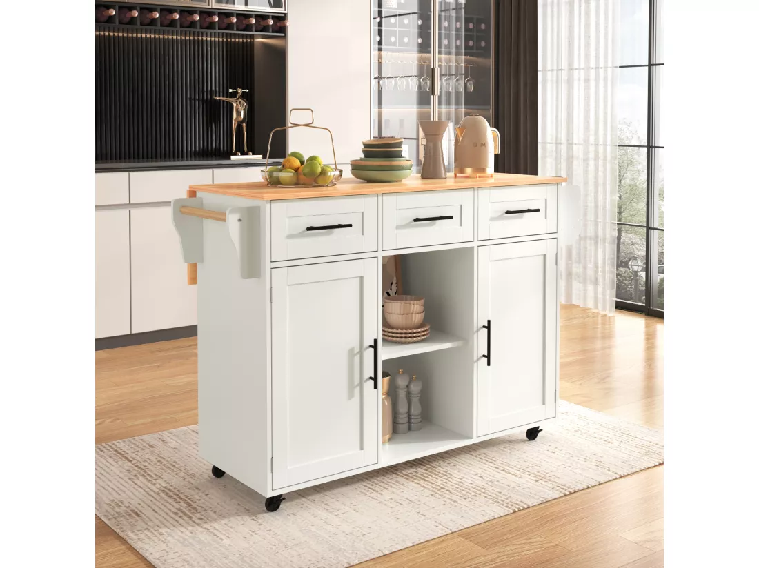Ilot central de cuisine mobile avec 2 portes et 3 tiroirs - plateau extensible - 129x46/71x91,5 cm - Bois MDF + métal - Blanc + naturel