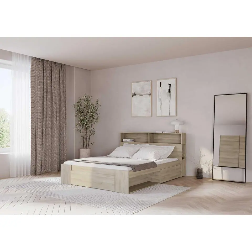 Tweepersoonsbed Maksim - 140x190/200cm - met opbergruimte - eikdecor