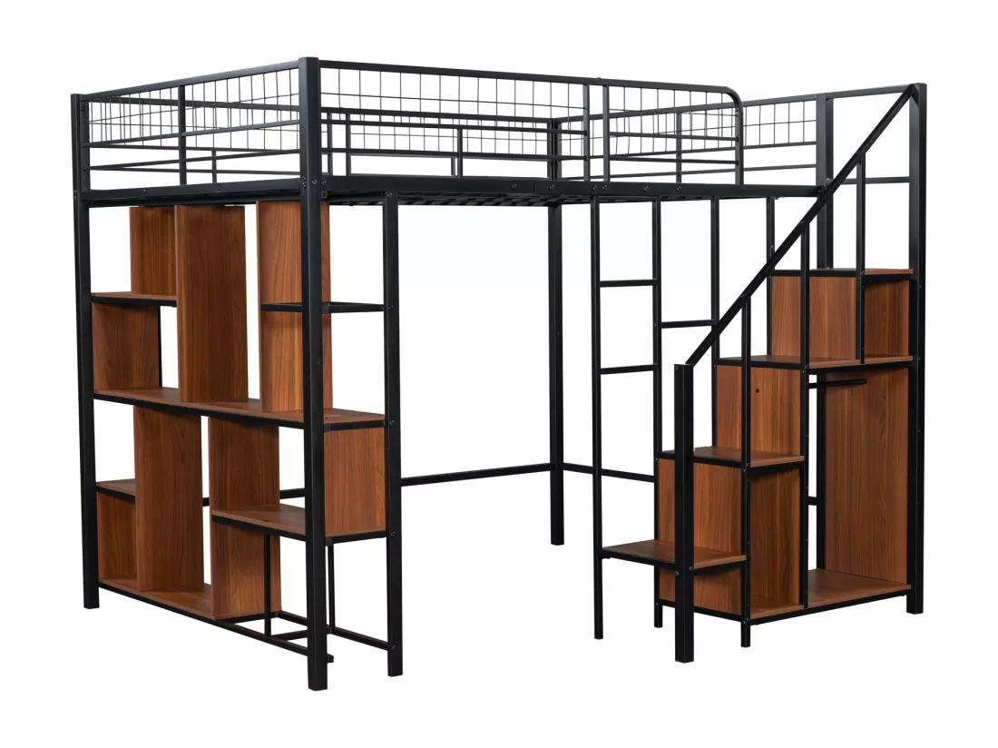 Lit mezzanine 140 x 200 cm avec armoire et étagères - Métal + Contreplaqué + MDF - Sommier à lattes - Noir