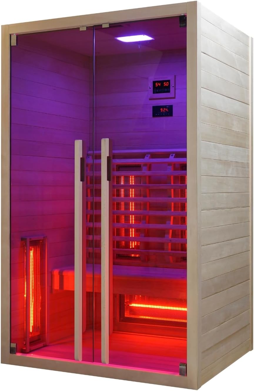 Sanotechnik Infrarotkabine RUBY 2 - für 2 Personen geeignet, inkl Vollspektrumstrahler - 120x100x195 cm - Wärmekabine mit MP3 Player & Bluetooth - LED Beleuchtung (7 Farben) - Infrarot-Sauna
