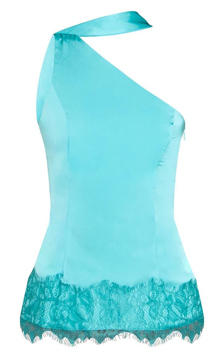 Bleu Aqua Haut En Satin Avec Détail Foulard Et Contraste Dentelle