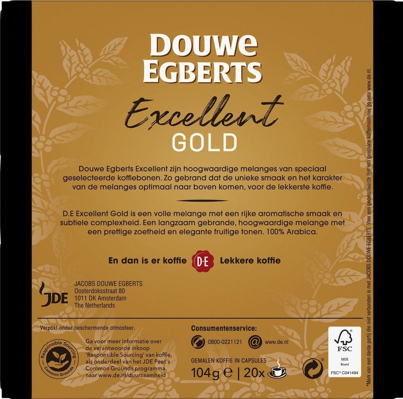 Douwe Egberts - Excellent Gold Lungo - Koffiecups - Intensiteit 5/9 - 10 x 20 capsules