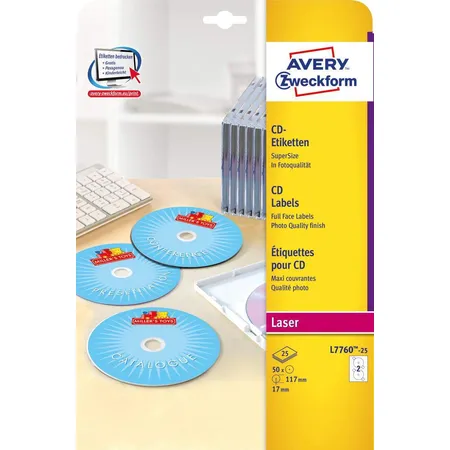 Avery Zweckform L7676-25 CD-Etiketten SuperSize,A4 Ø 117 mm, 25 Bogen/50 Etiketten, weiß