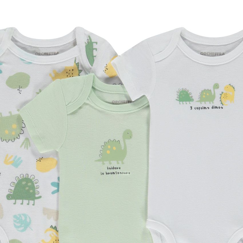 Lot de 7 bodies manches courtes fantaisie dinosaure pour bébé garçon - Blanc