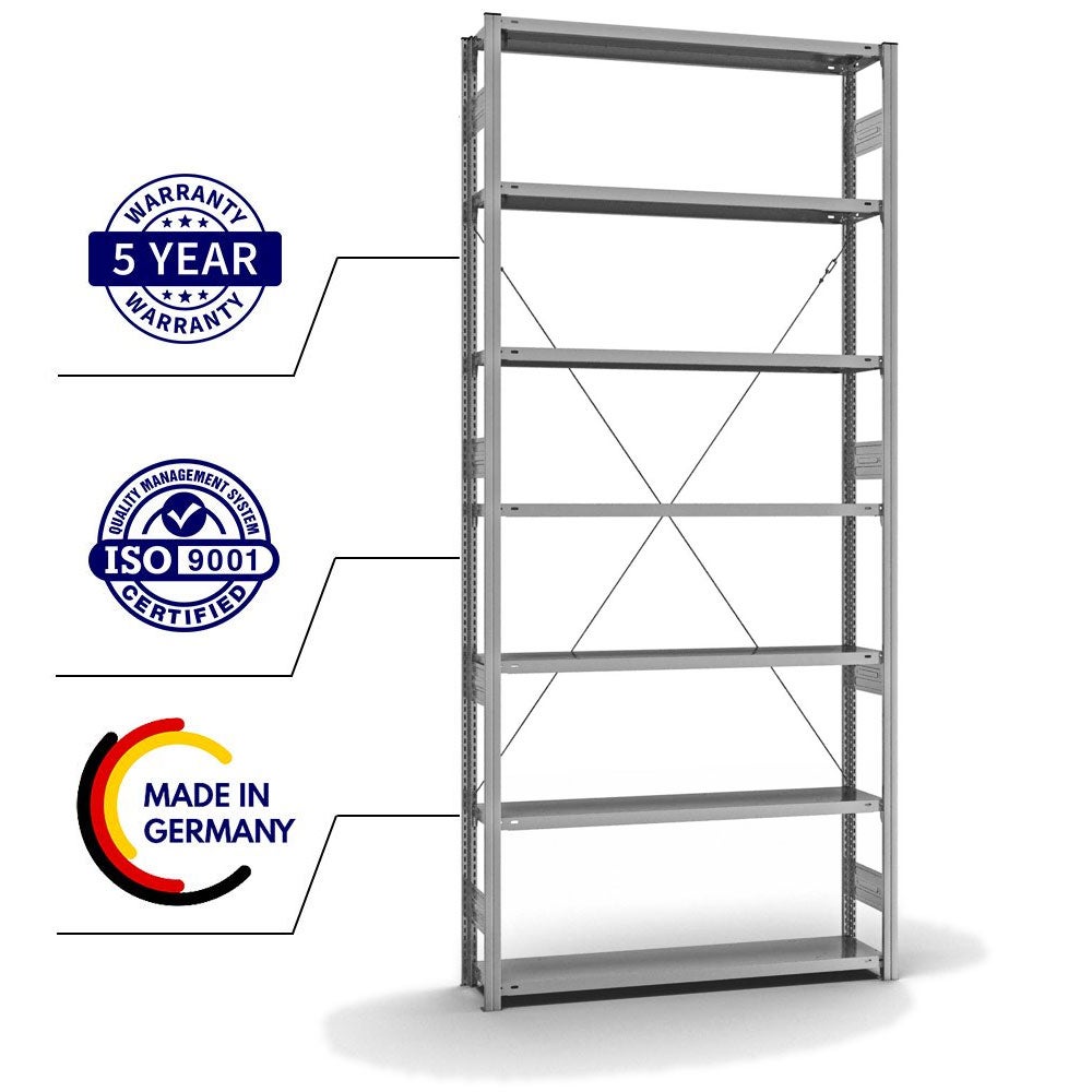 PROREGAL Stellingkast, insteeksysteem, T-profiel, extra zwaar, basiskast, hxbxd 300 x 130 x 30 cm, 7 legborden, draagvermogen 300 kg, toegang aan één zijde, verzinkt