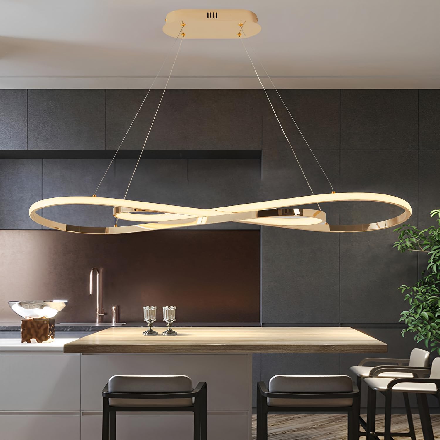 57W Dimmbare LED Pendelleuchte, Doppelfigur 8 Design Hängeleuchte mit Fernbedienung, Pendellampe Hängend Höhenverstellbar, Hängelampe für Wohnzimmer, Esstisch, Esszimmer, Küche, Gold