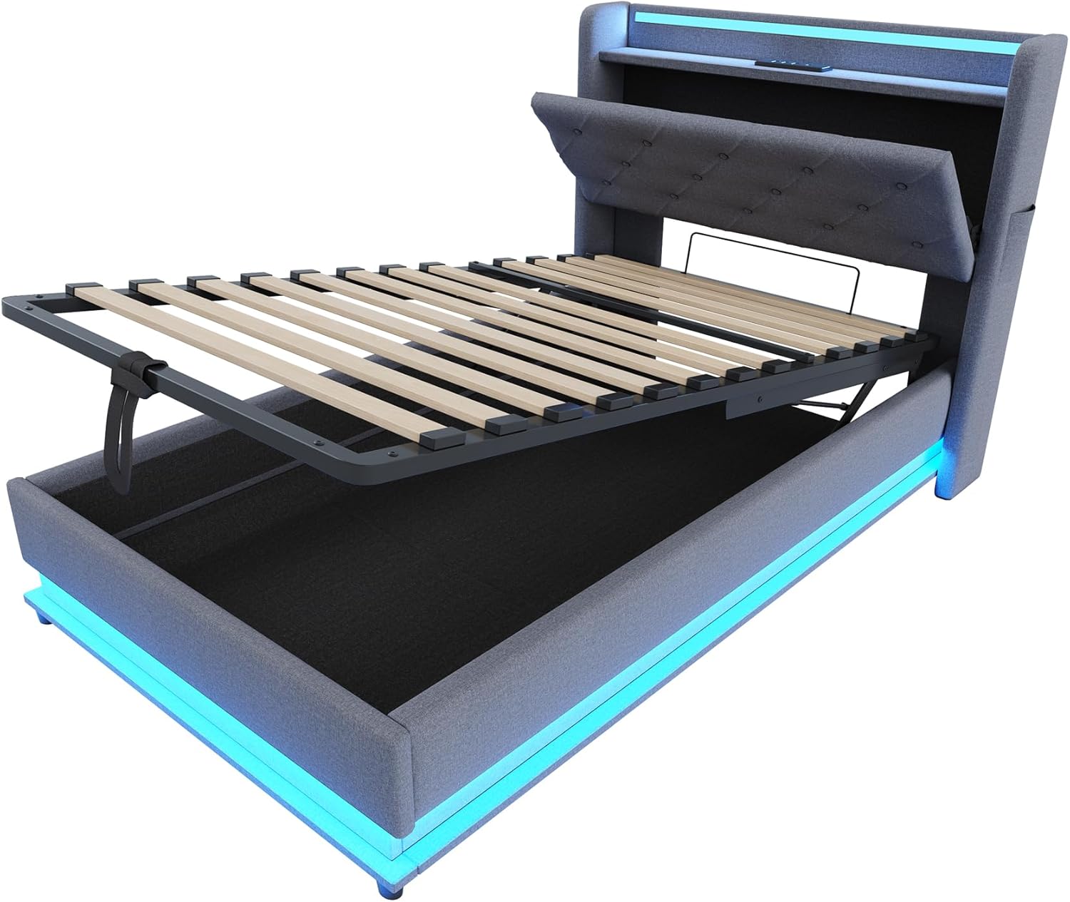 Merax Kinderbett Polsterbett 90x200 cm Einzelbett mit hydraulischem Bettkasten, LED Beleuchtung & USB Type-C, aufklappbarem Kopfteil & Handytaschen, Leinenstoff Grau, ohne Matratze